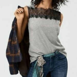 CAbi Gray and Black Lace Trim Blouse